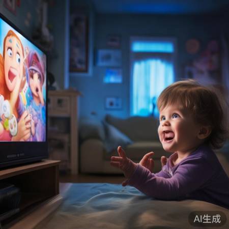 小孩入迷看动画片，笑容温暖如家